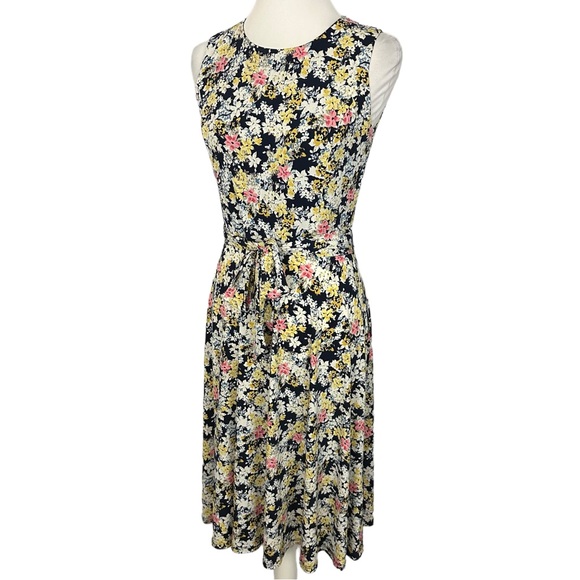 CHARTER CLUB | Navy White Yellow Sleeveless Floral Belted A-Line Midi Dress XS - Picture 6 of 15